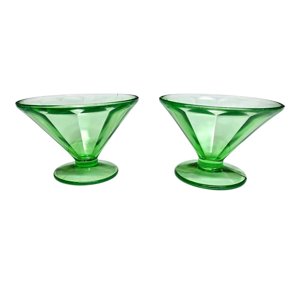 Federal Glass Green Uranium Glass Paneled Optic Sherbet Dessert Cups Set of 2